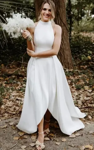 Simple A Line High-Low Satin Halter High Neck Sleeveless Wedding Dress-716016