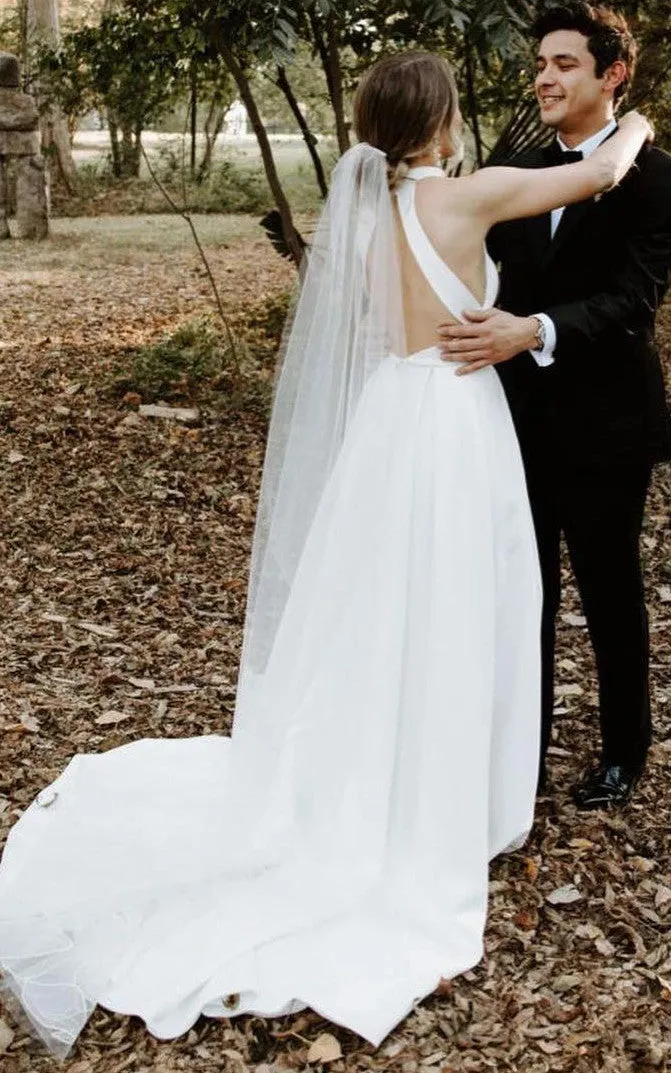 Simple A Line High-Low Satin Halter High Neck Sleeveless Wedding Dress-716016