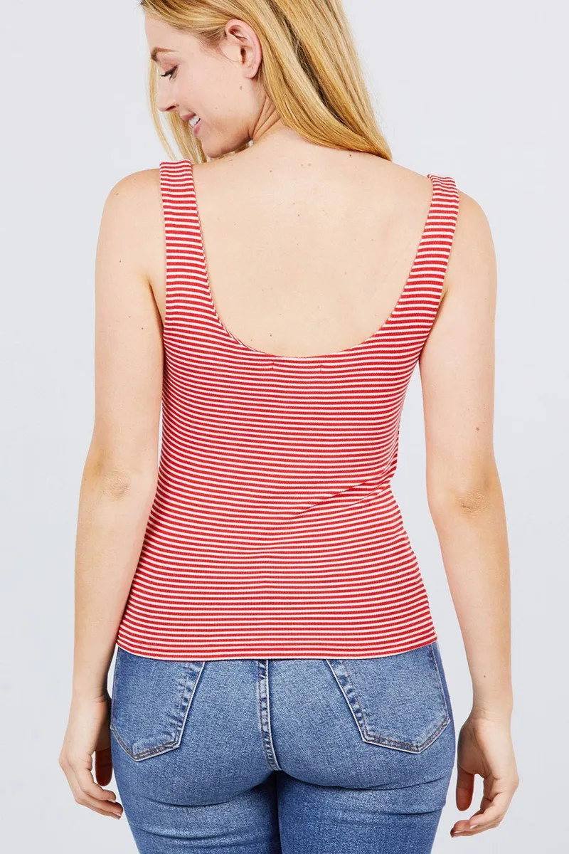 Sleeveless Double Scoop Neck Stripe 2 Ply Rib Knit Top