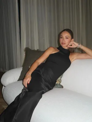 Sleeveless Satin Patchwork Hollow Out Long Dress for Women - Sexy, Elastic, and Elegant Maxi Evening Gown