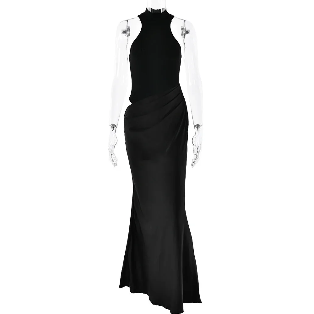 Sleeveless Satin Patchwork Hollow Out Long Dress for Women - Sexy, Elastic, and Elegant Maxi Evening Gown