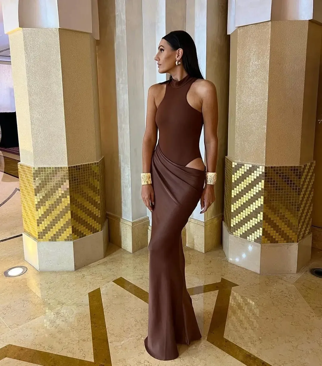 Sleeveless Satin Patchwork Hollow Out Long Dress for Women - Sexy, Elastic, and Elegant Maxi Evening Gown