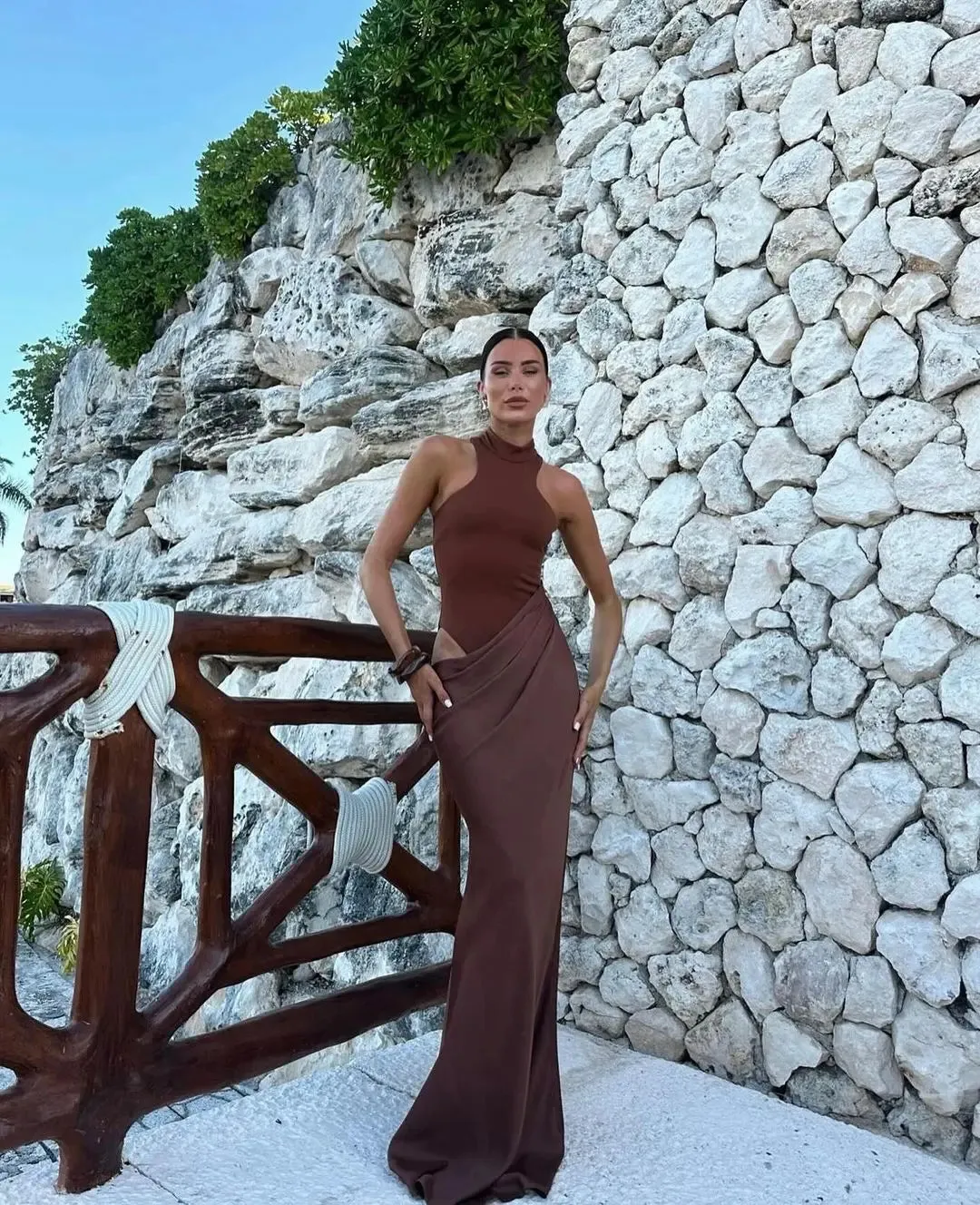 Sleeveless Satin Patchwork Hollow Out Long Dress for Women - Sexy, Elastic, and Elegant Maxi Evening Gown