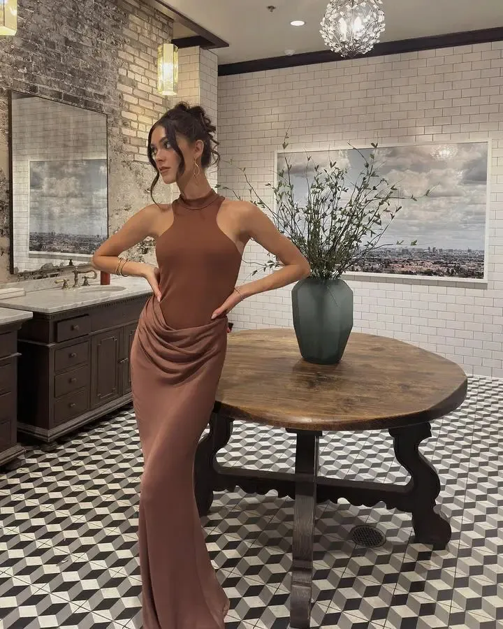 Sleeveless Satin Patchwork Hollow Out Long Dress for Women - Sexy, Elastic, and Elegant Maxi Evening Gown