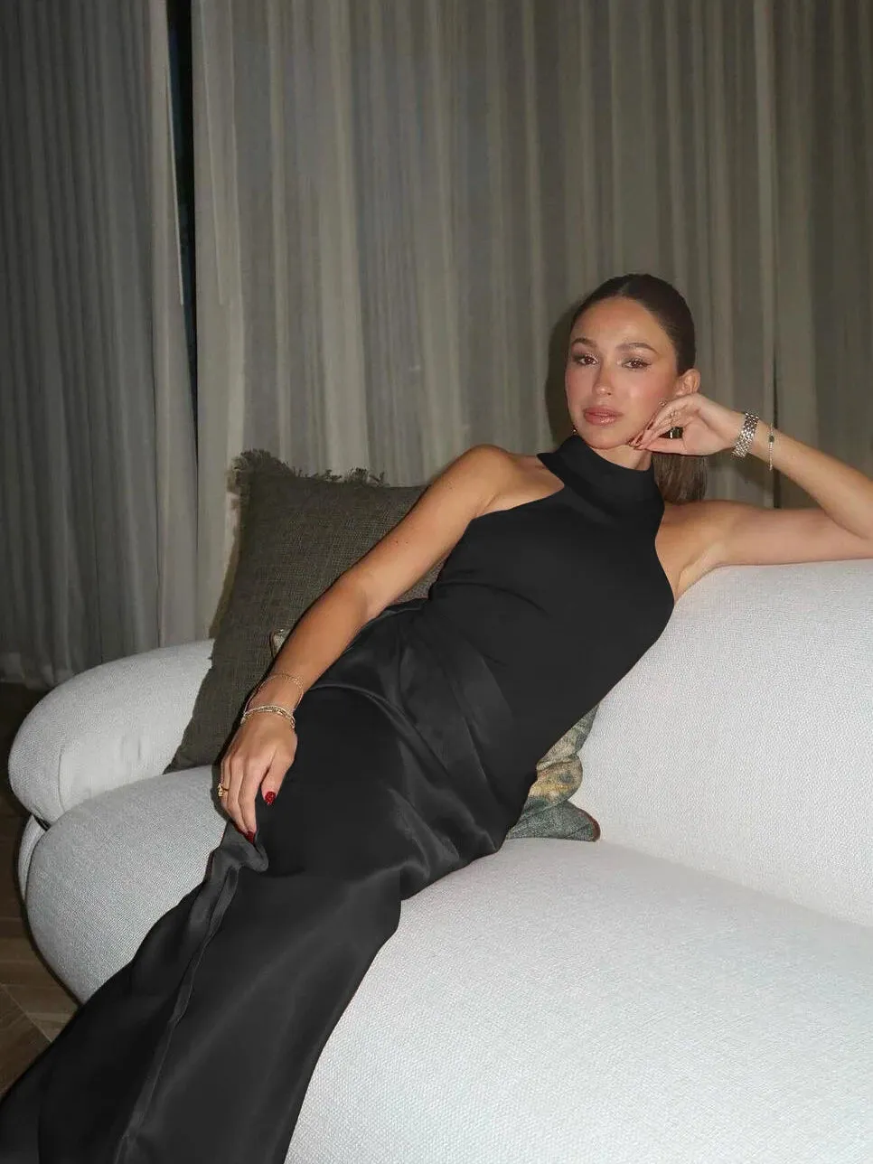 Sleeveless Satin Patchwork Hollow Out Long Dress for Women - Sexy, Elastic, and Elegant Maxi Evening Gown