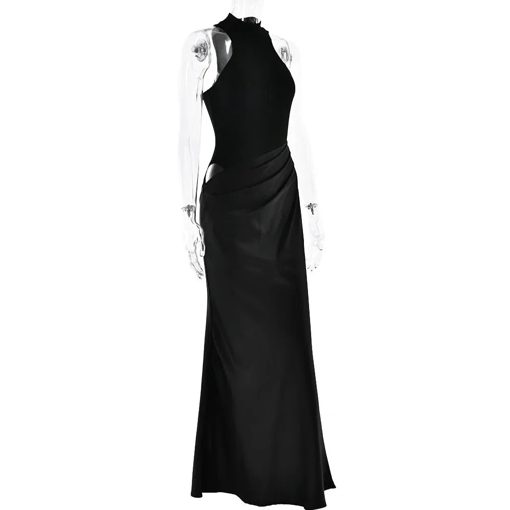Sleeveless Satin Patchwork Hollow Out Long Dress for Women - Sexy, Elastic, and Elegant Maxi Evening Gown