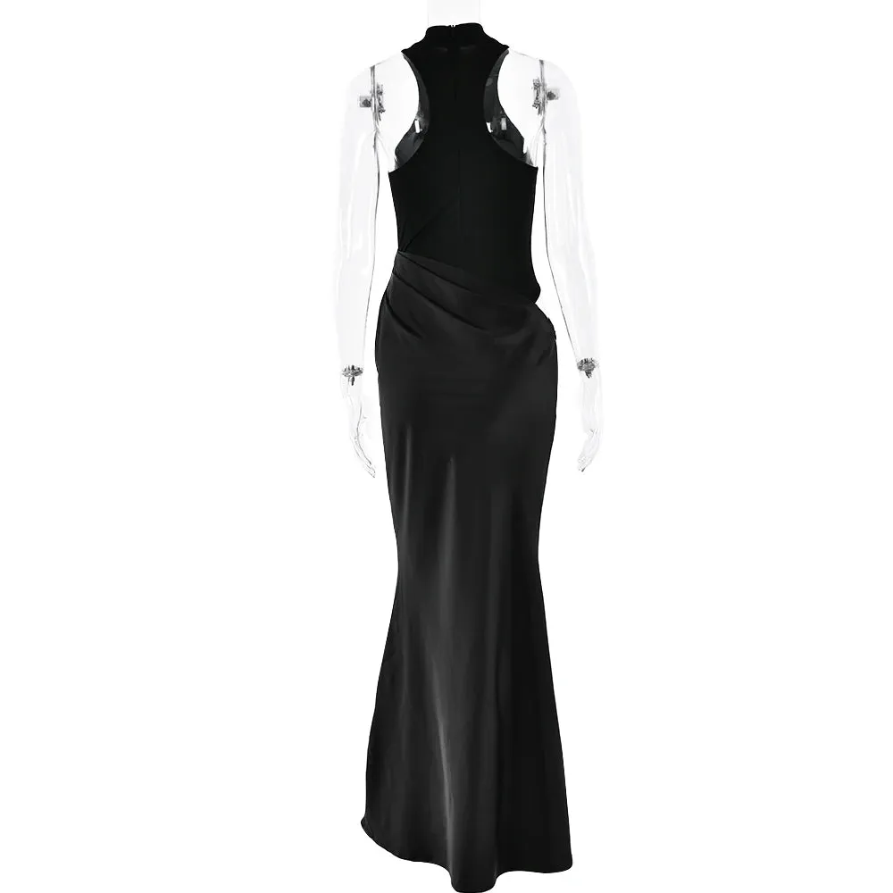 Sleeveless Satin Patchwork Hollow Out Long Dress for Women - Sexy, Elastic, and Elegant Maxi Evening Gown