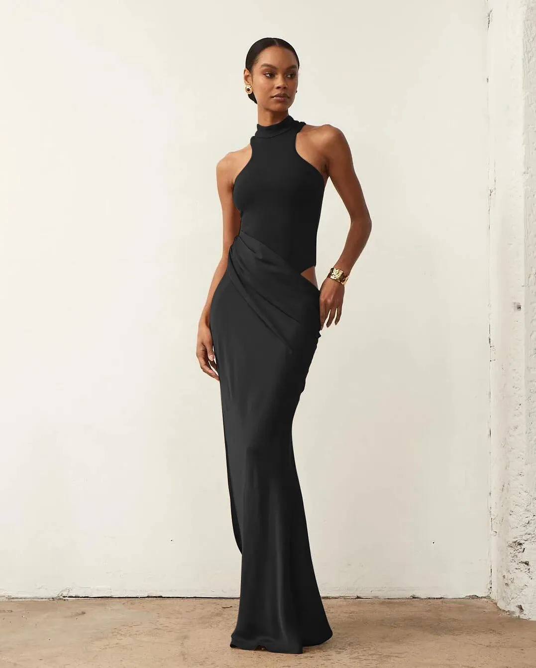 Sleeveless Satin Patchwork Hollow Out Long Dress for Women - Sexy, Elastic, and Elegant Maxi Evening Gown