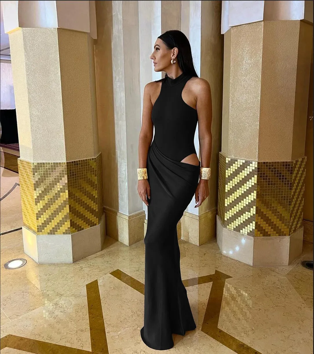 Sleeveless Satin Patchwork Hollow Out Long Dress for Women - Sexy, Elastic, and Elegant Maxi Evening Gown