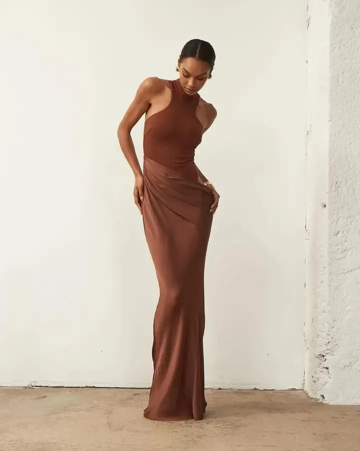 Sleeveless Satin Patchwork Hollow Out Long Dress for Women - Sexy, Elastic, and Elegant Maxi Evening Gown