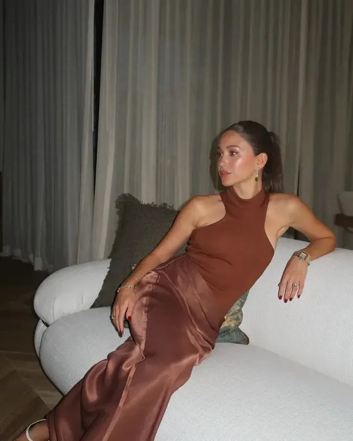 Sleeveless Satin Patchwork Hollow Out Long Dress for Women - Sexy, Elastic, and Elegant Maxi Evening Gown