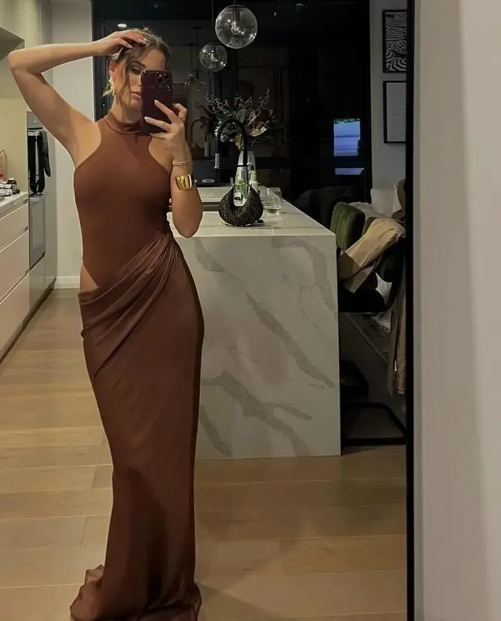 Sleeveless Satin Patchwork Hollow Out Long Dress for Women - Sexy, Elastic, and Elegant Maxi Evening Gown