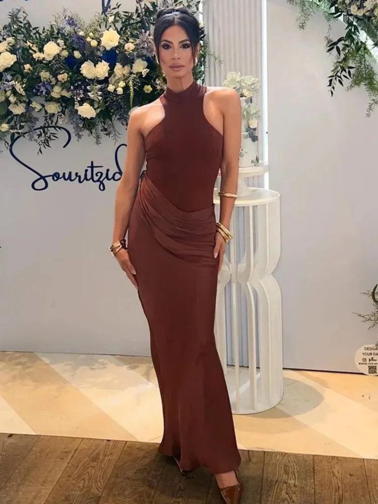 Sleeveless Satin Patchwork Hollow Out Long Dress for Women - Sexy, Elastic, and Elegant Maxi Evening Gown