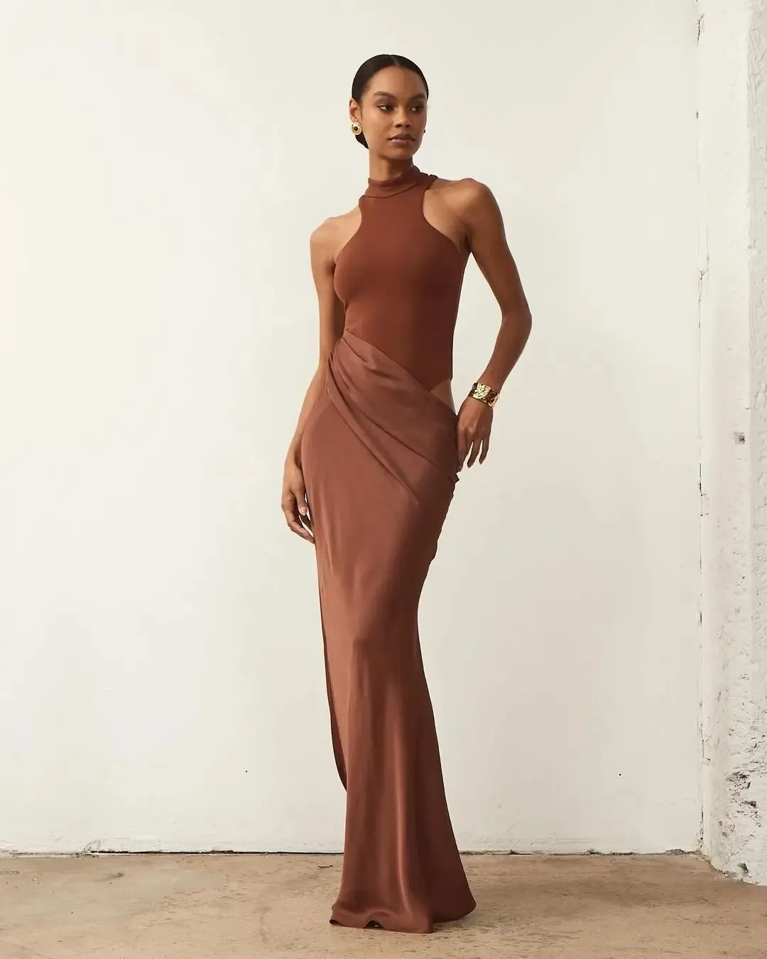 Sleeveless Satin Patchwork Hollow Out Long Dress for Women - Sexy, Elastic, and Elegant Maxi Evening Gown