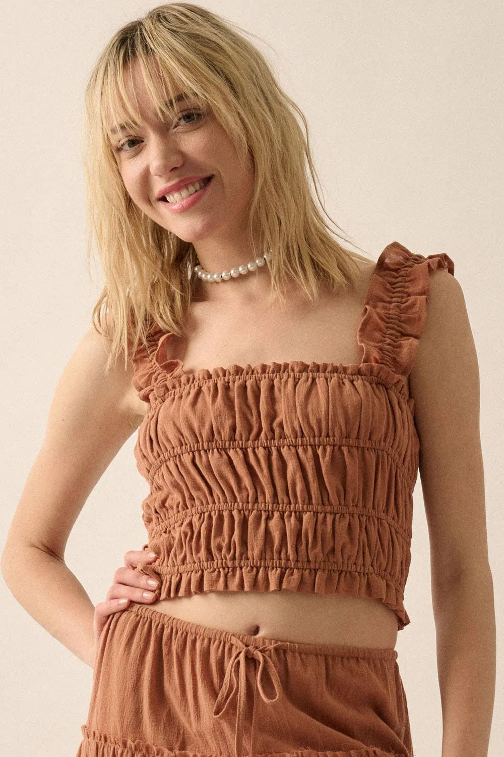 Smocked Solid Ruffled Woven Crop Top