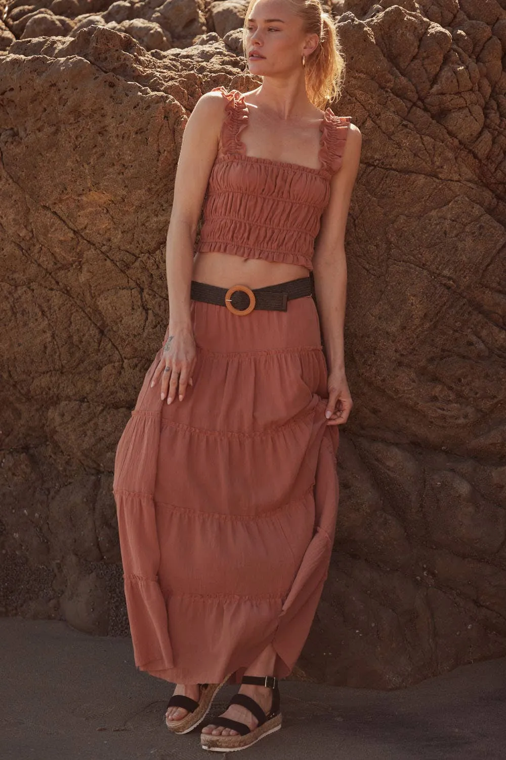 Smocked Solid Ruffled Woven Crop Top