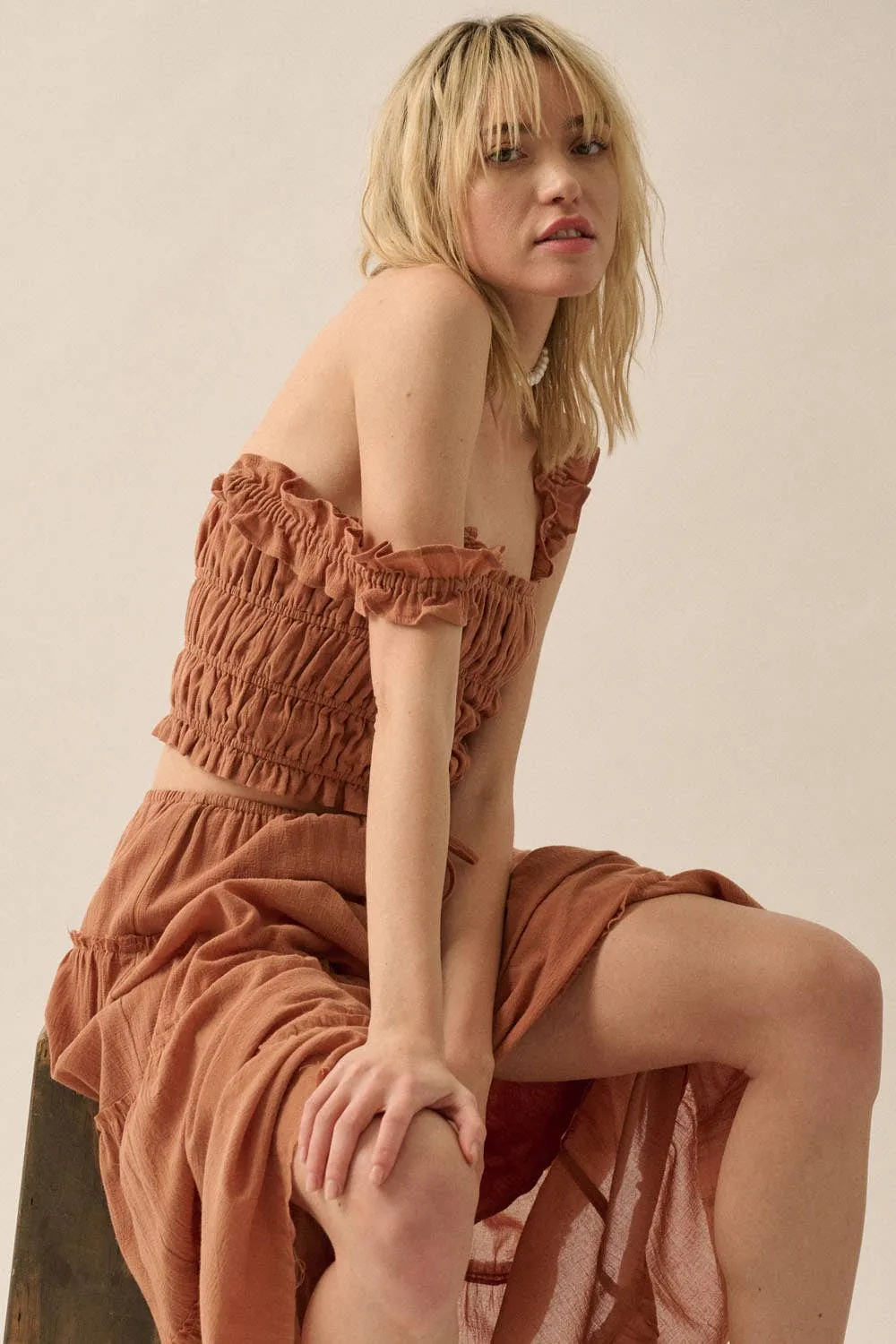 Smocked Solid Ruffled Woven Crop Top