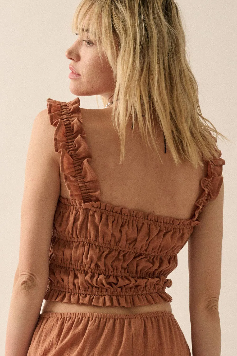 Smocked Solid Ruffled Woven Crop Top
