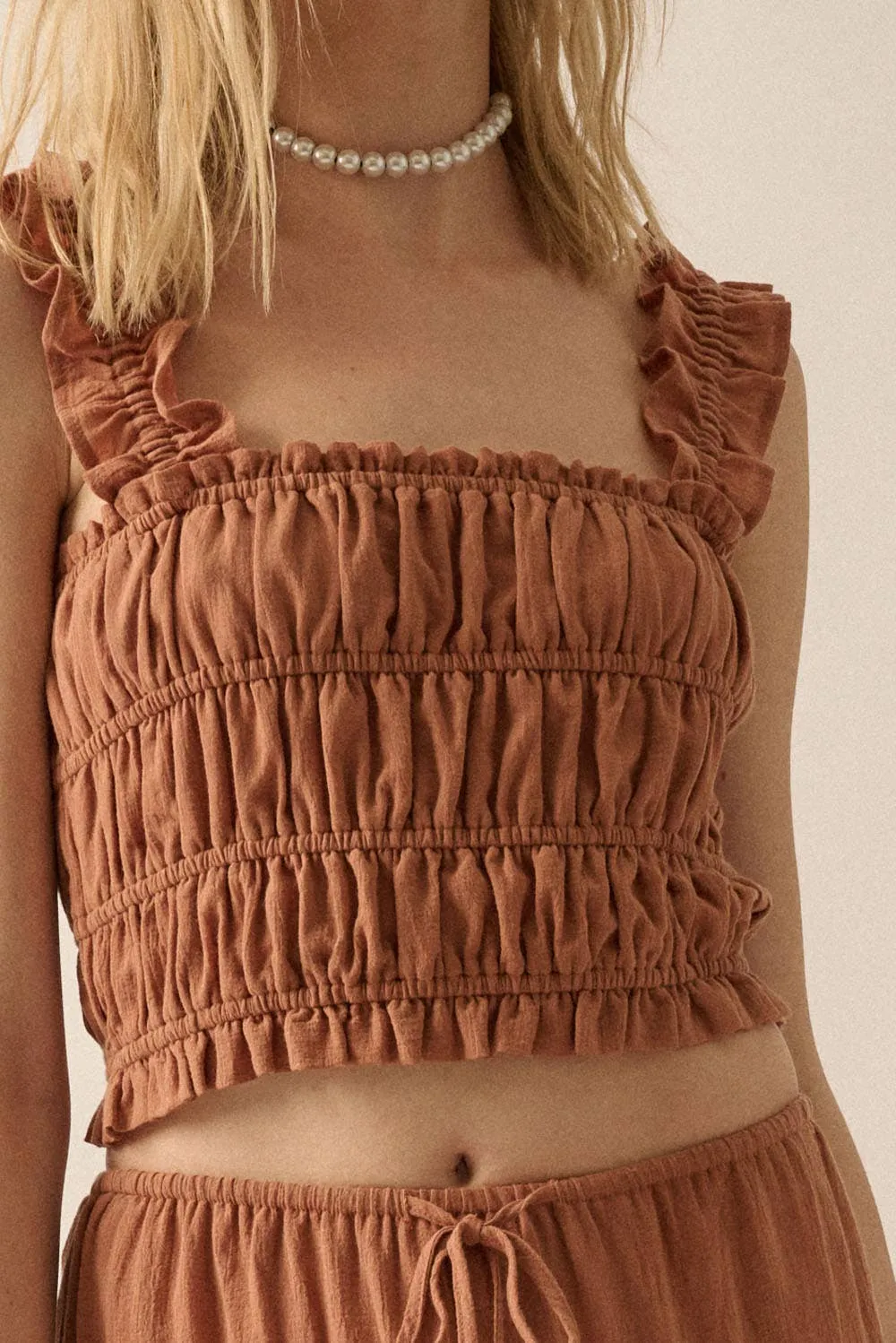 Smocked Solid Ruffled Woven Crop Top