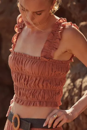 Smocked Solid Ruffled Woven Crop Top