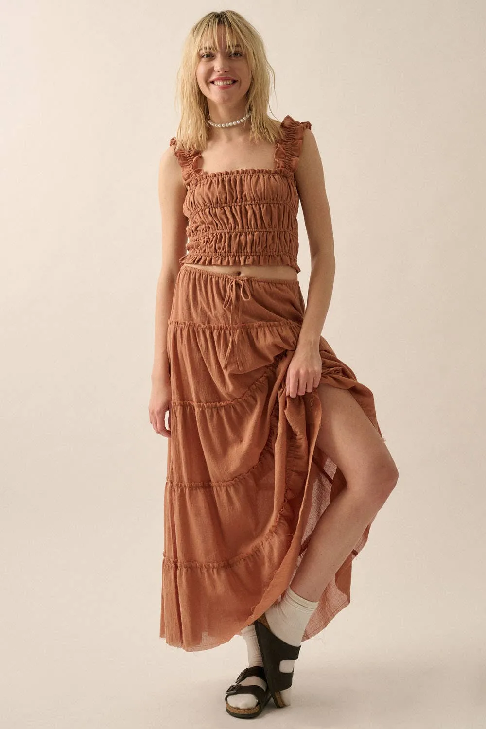 Smocked Solid Ruffled Woven Crop Top
