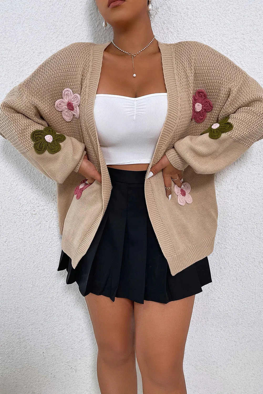 Smoke Gray Floral Applique Drop Shoulder Bubble Sleeve Cardigan