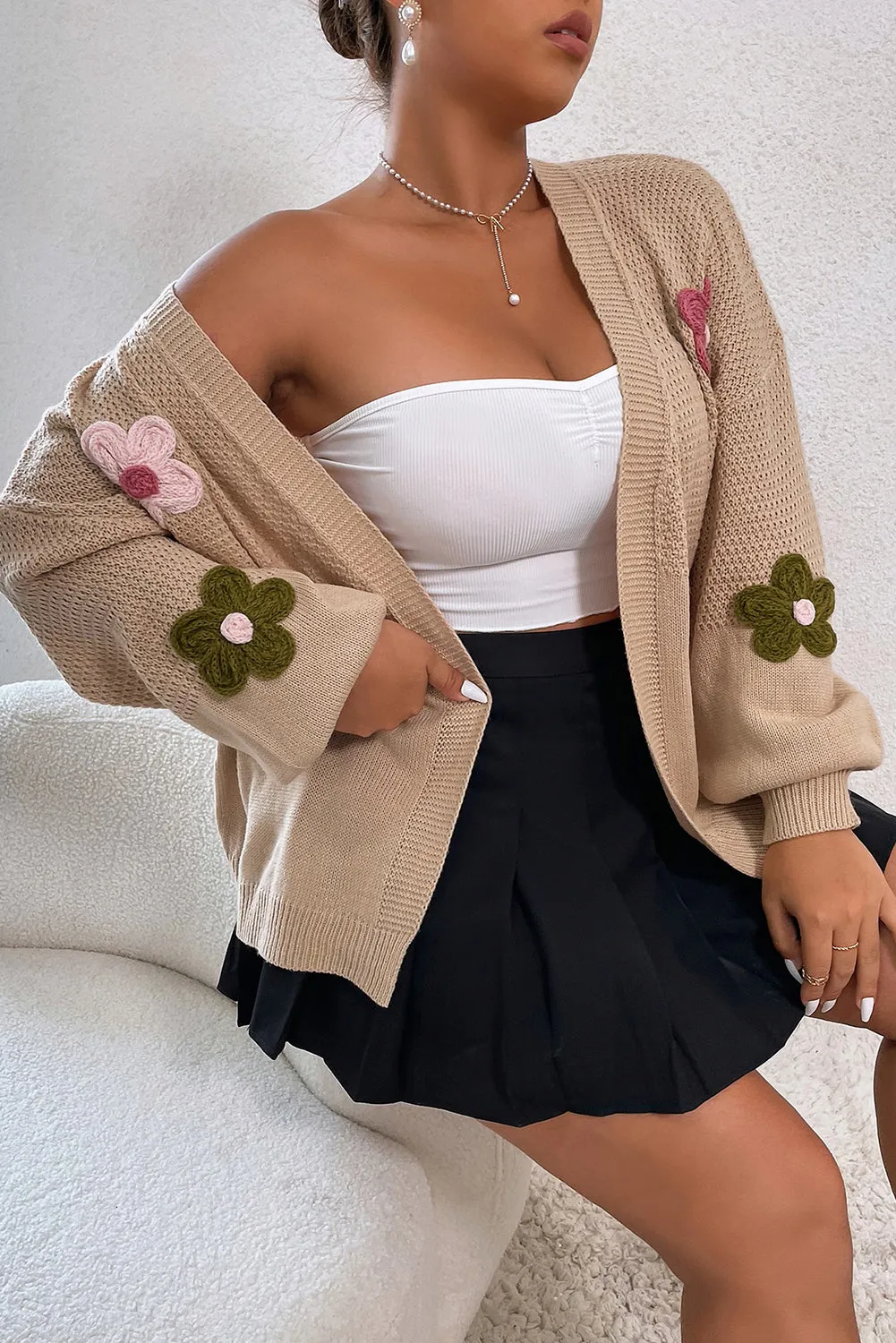 Smoke Gray Floral Applique Drop Shoulder Bubble Sleeve Cardigan