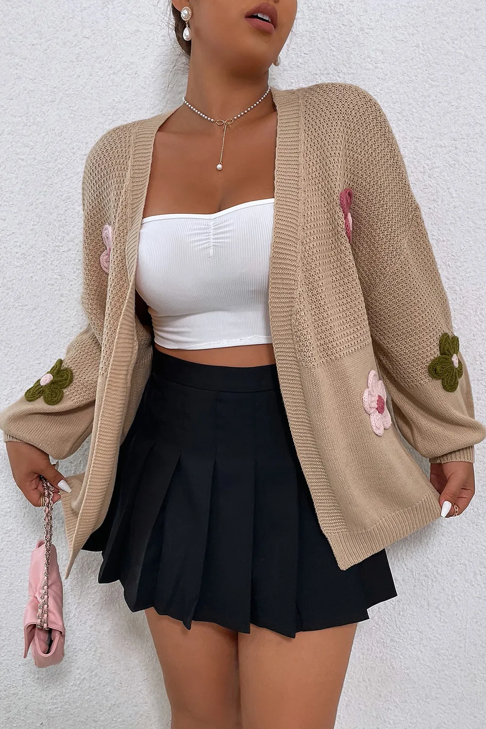 Smoke Gray Floral Applique Drop Shoulder Bubble Sleeve Cardigan