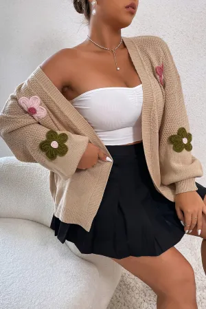 Smoke Gray Floral Applique Drop Shoulder Bubble Sleeve Cardigan