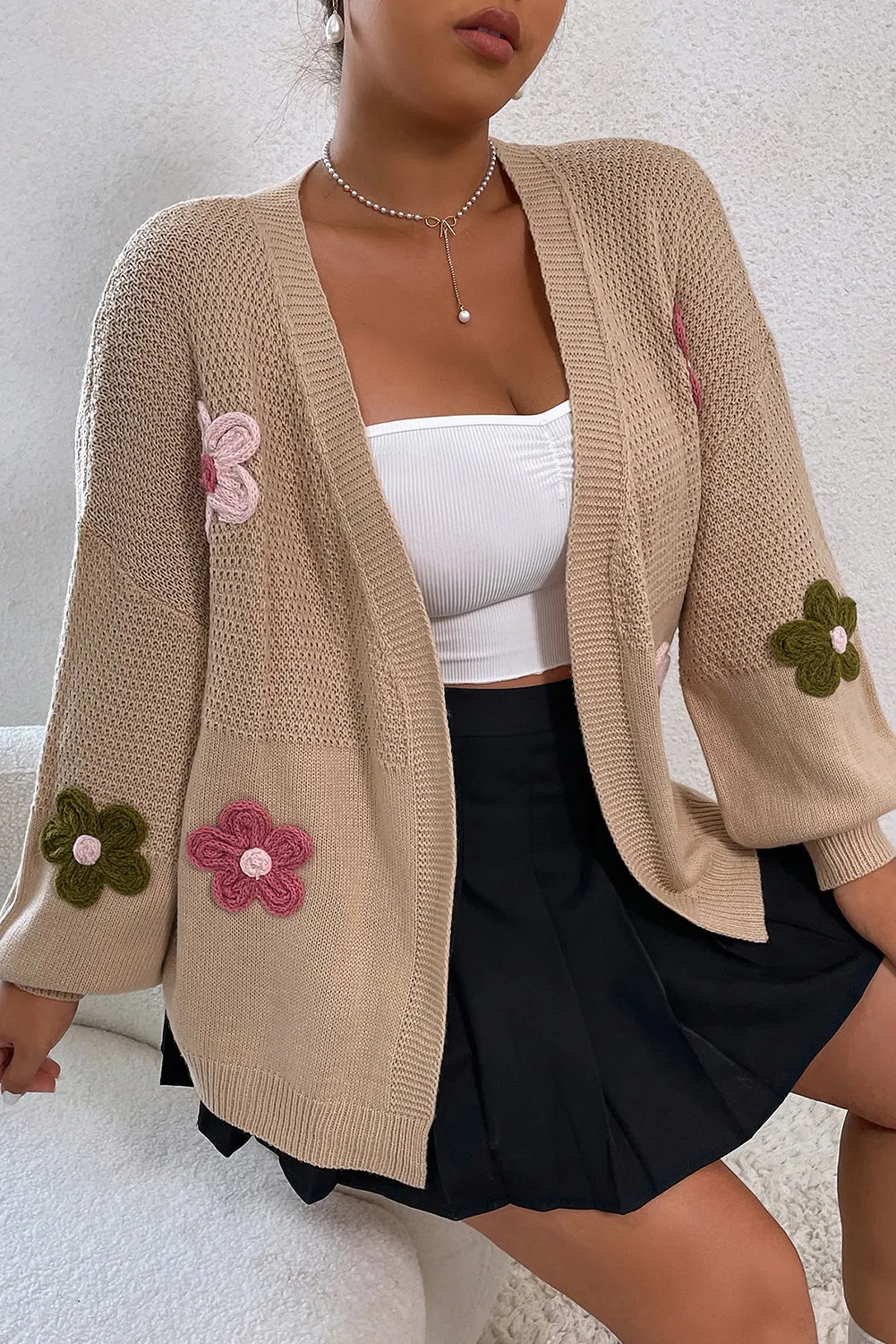 Smoke Gray Floral Applique Drop Shoulder Bubble Sleeve Cardigan