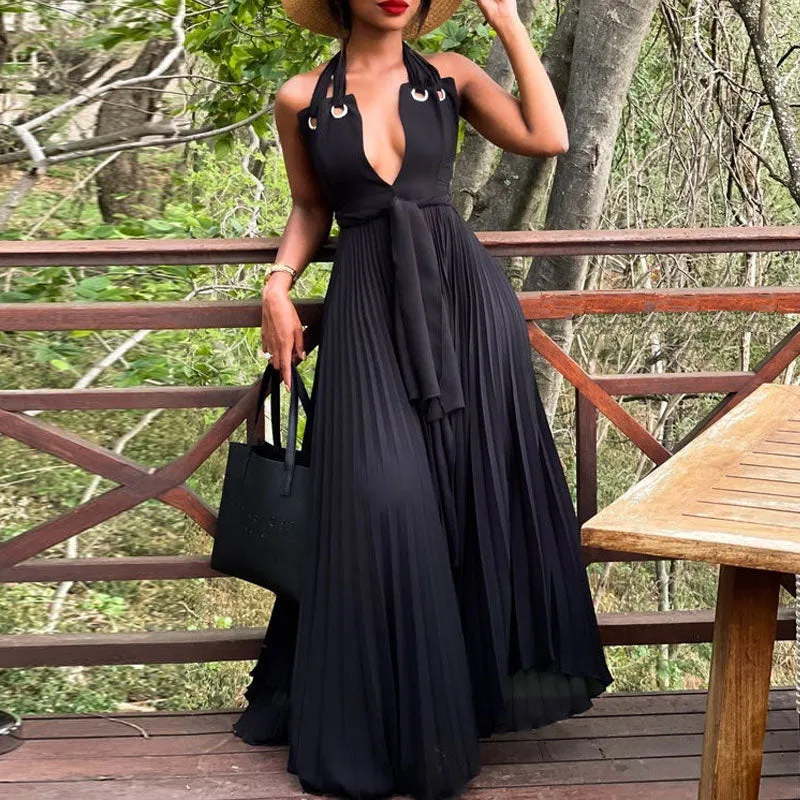 Solid Deep V-Neck Halter Sleeveless Maxi Dress