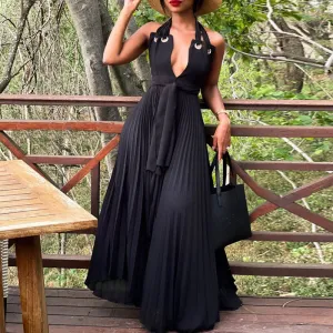 Solid Deep V-Neck Halter Sleeveless Maxi Dress