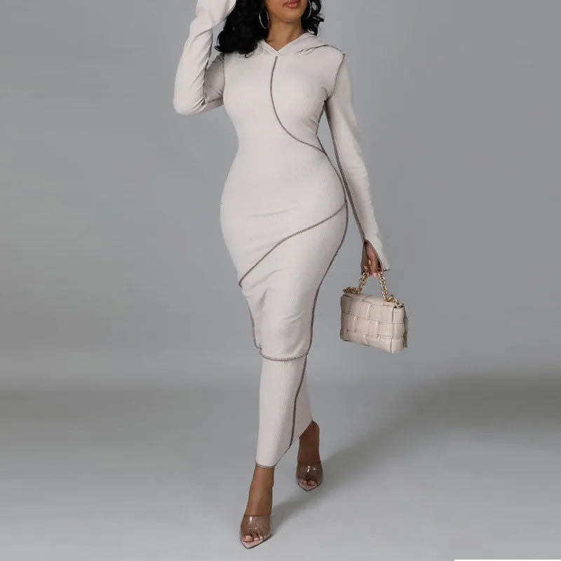 Solid Long Sleeve Hoodie Maxi Dress