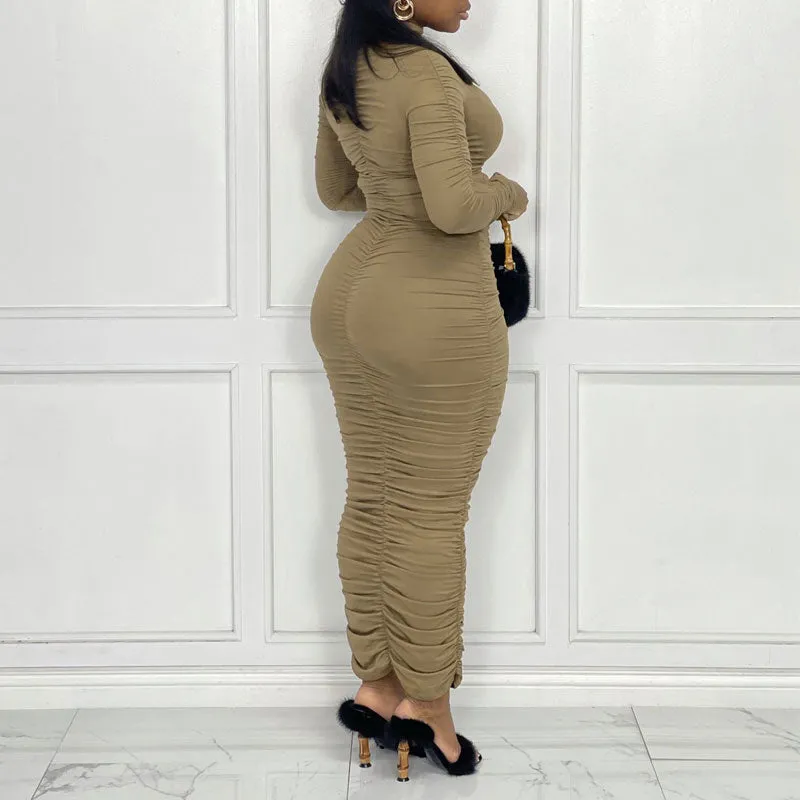 Solid Long Sleeve Ruched Maxi Dress