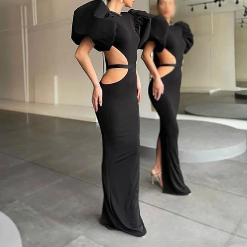 Solid Puff Sleeve Backless Cut Out Maxi Dress