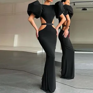 Solid Puff Sleeve Backless Cut Out Maxi Dress