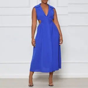 Solid V-Neck Sleeveless Cut Out Slit Maxi Dress