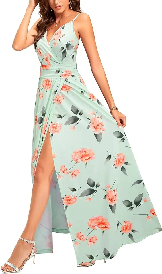 Spaghetti Strap Spring Casual V Neck Split Beach Long Flowy Dresses