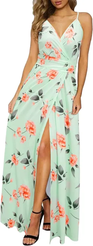 Spaghetti Strap Spring Casual V Neck Split Beach Long Flowy Dresses