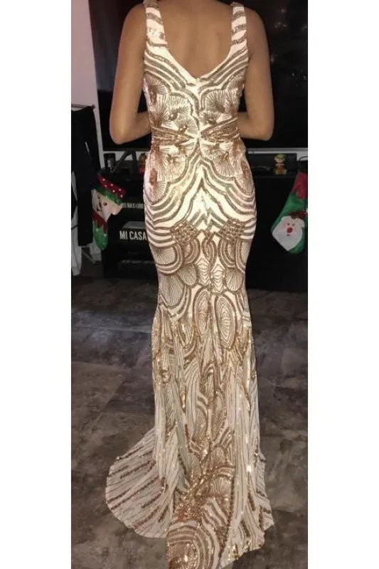 Sparkly V Neck Sequins Mermaid Prom Gorgeous Sleeveless Party Dress with Train