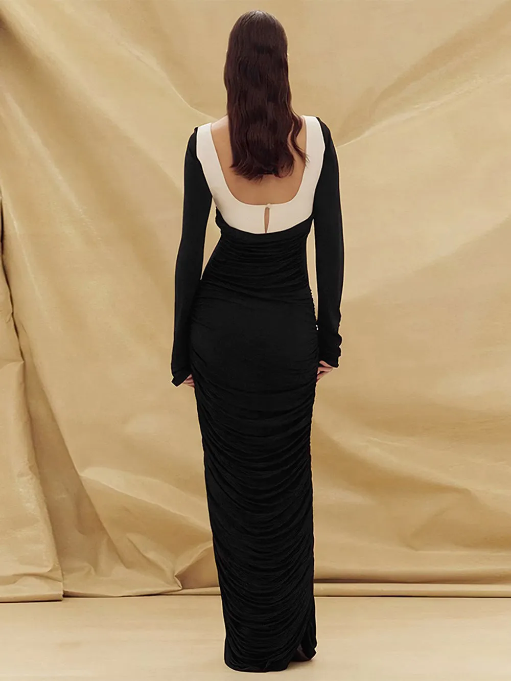 Square Collar Long Sleeve Splicing Maxi Bodycon Dress HB100171