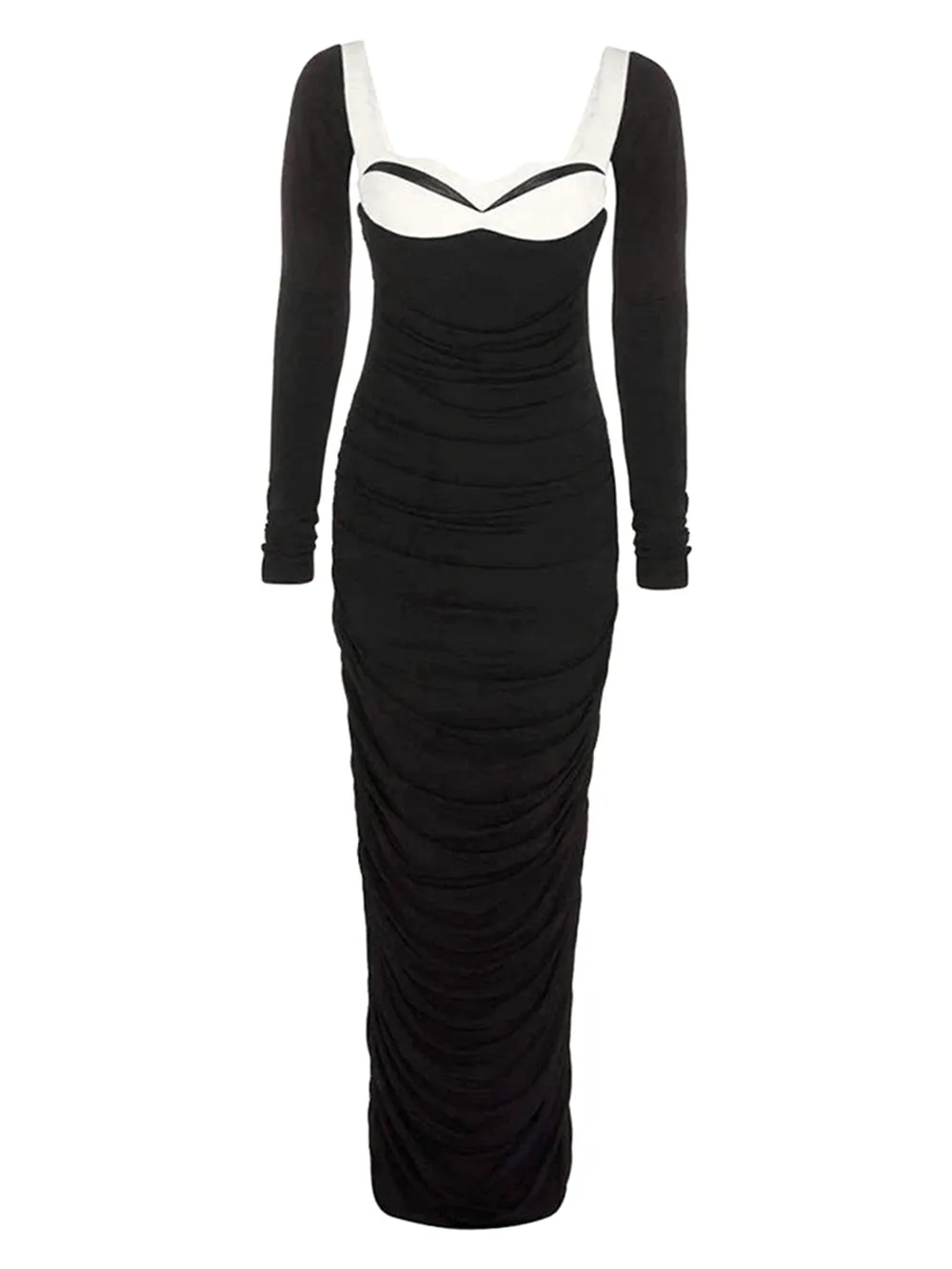 Square Collar Long Sleeve Splicing Maxi Bodycon Dress HB100171