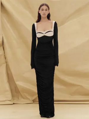 Square Collar Long Sleeve Splicing Maxi Bodycon Dress HB100171