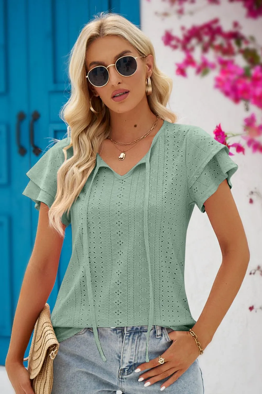 Stacey Eyelet Tie-Neck Flutter Sleeve Blouse - Online Exclusive
