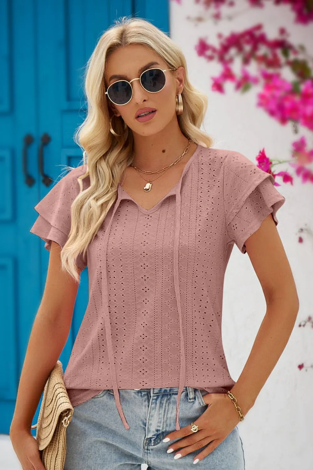 Stacey Eyelet Tie-Neck Flutter Sleeve Blouse - Online Exclusive