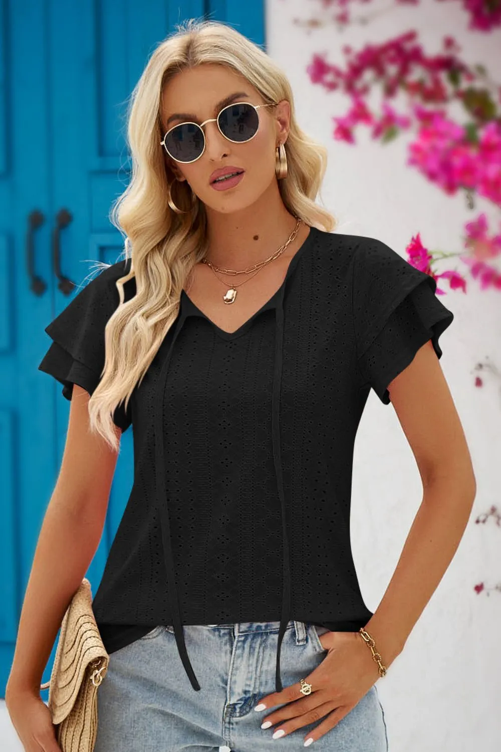 Stacey Eyelet Tie-Neck Flutter Sleeve Blouse - Online Exclusive