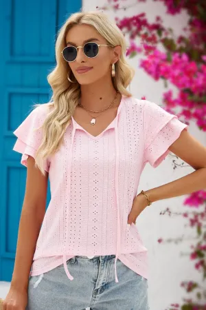 Stacey Eyelet Tie-Neck Flutter Sleeve Blouse - Online Exclusive