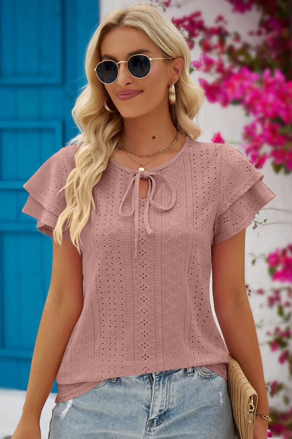 Stacey Eyelet Tie-Neck Flutter Sleeve Blouse - Online Exclusive