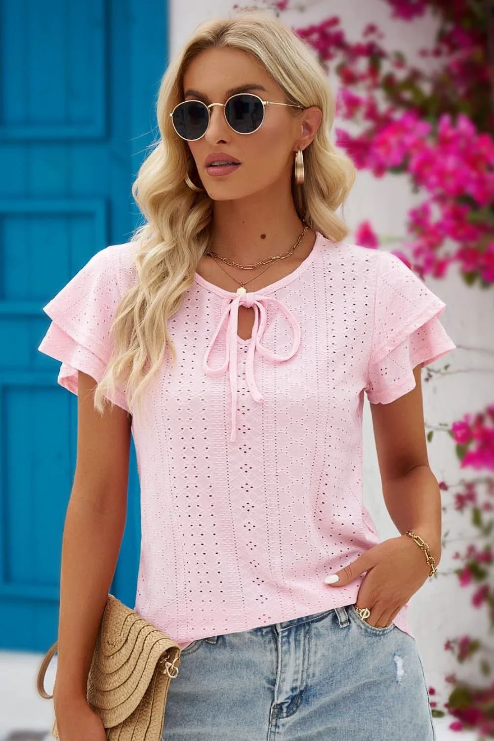 Stacey Eyelet Tie-Neck Flutter Sleeve Blouse - Online Exclusive