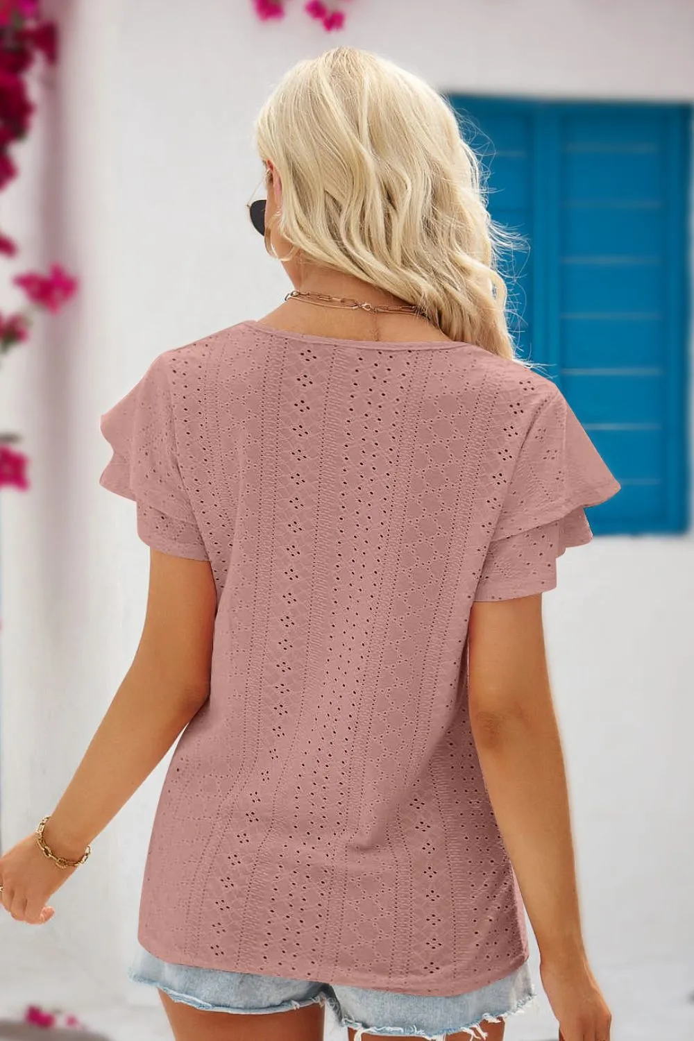 Stacey Eyelet Tie-Neck Flutter Sleeve Blouse - Online Exclusive
